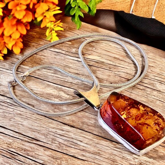 Sterling Silver Italy Vintage Snake Chain Necklace Amber Large Pendant - Picture 2 of 10